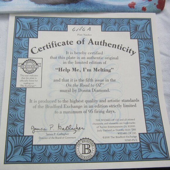 VTG WIZARD OF OZ DISPLAY PLATE, BRADFORD EXCHANGE, W/CERTIFICATE - Picture 3 of 4
